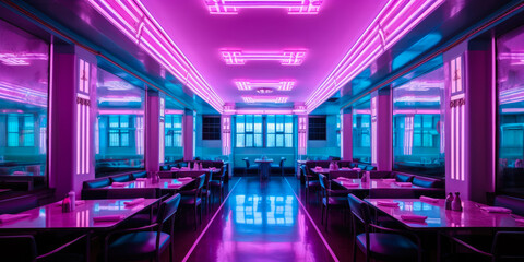 Art Deco interior architecture design, pink and blue, neon lights, tropical, dining area, restaurant. Generative AI