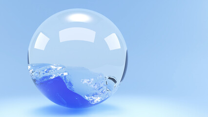 Abstract water waves in white glass circle on blue background.,3d rendering
