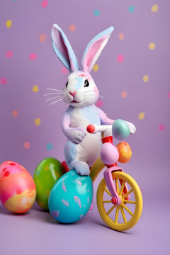 vertical illustration one cute easter bunny bunny on a bike about easter. easter holiday concept birthday card. summer travel walk  colorful background Generative AI