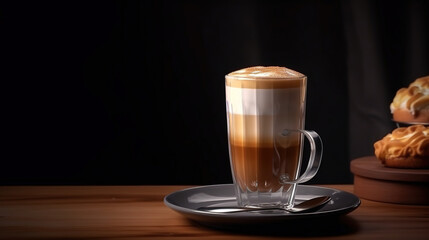 Layered coffee latte macchiato in a see through glass cup. AI