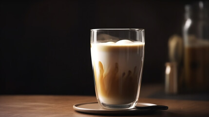 Layered coffee latte macchiato in a see through glass cup. AI - obrazy, fototapety, plakaty