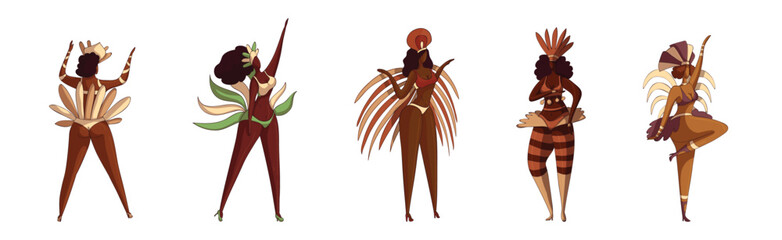 Brazilian Dark Skinned Samba Dancer in Feathered Costume Vector Set