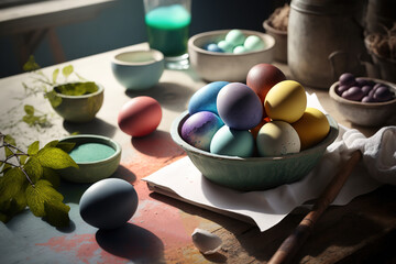 Obraz na płótnie Canvas Easter eggs painted with natural egg dye in ceramic bolw on an old table. Homemade naturally dyed Easter eggs composition on rustic background. Generative Ai.