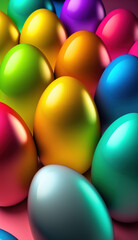 Fototapeta na wymiar Rainbow Easter Eggs Background. Colorful Glossy Easter Eggs vertical backgound. Generative Ai.