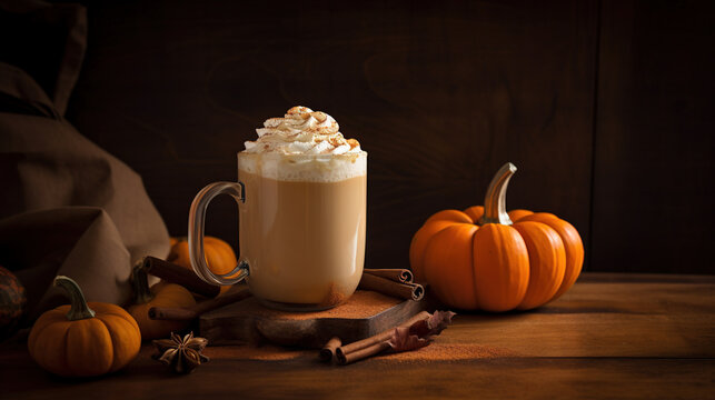 Pumpkin spice latte in a glass mug. AI