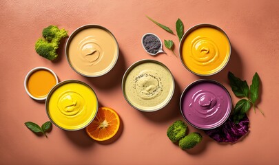  a group of different colored sauces with broccoli and orange slices on a pink surface with a green leafy leafy plant.  generative ai
