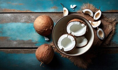 Fototapeta na wymiar a bowl filled with coconuts on top of a wooden table next to a knife and a bowl of coconuts on a blue wooden table. generative ai