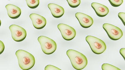 3D render of Avocado pattern on white background background. Top view.