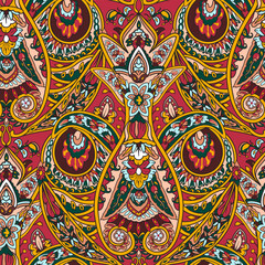 Turkish floral seamless pattern. Paisley folck vector background using boteh or buta. Fantasy decorative repeating tiles with tropical flowers and leaves. Festivale style.