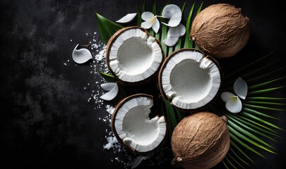 Obraz na płótnie Canvas coconuts and coconut leaves on a black surface with a white flower on the top of the image and a green leaf on the bottom of the image. generative ai