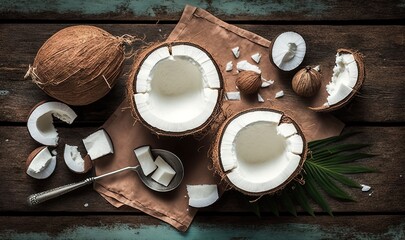  coconuts, coconut oil, and coconuts on a wooden table with a spoon and a towel on it, with a palm leaf and a spoon.  generative ai
