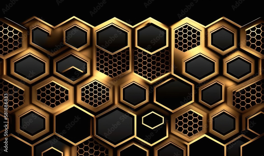 Poster a black and gold background with hexagonals in the middle of it and a black background with hexagona