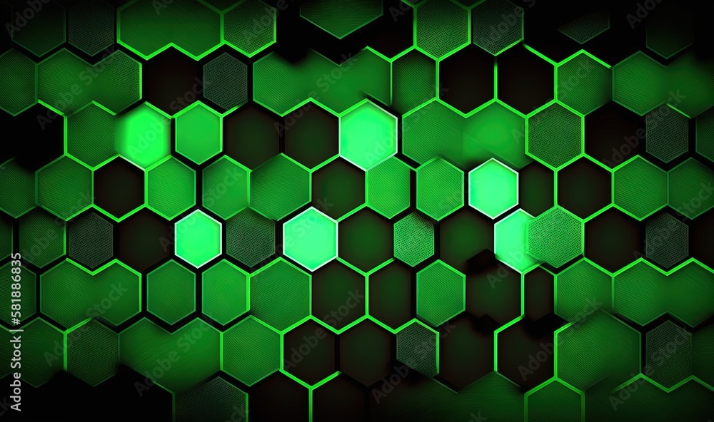 Poster a green hexagonal background with hexagonals in the middle of it and a black background with hexagon