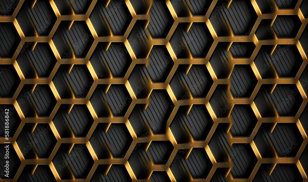 Poster  a black and gold hexagonal background with a pattern of hexagons in the center of the image and a gold stripe in the middle of the hexagonal hexagon.  generative ai