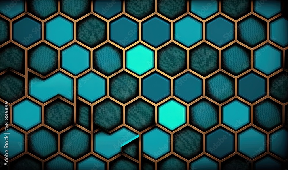 Poster  a blue and black background with hexagonal shapes in the middle of it, with a green center in the middle of the image.  generative ai