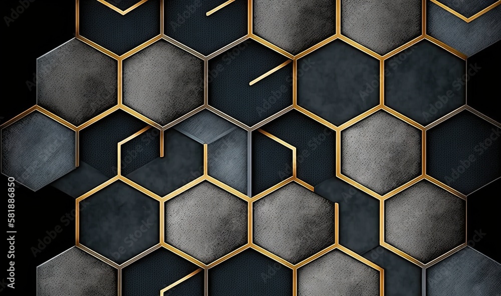 Poster a black and gold hexagonal background with a black background and gold hexagons on the sides of the 
