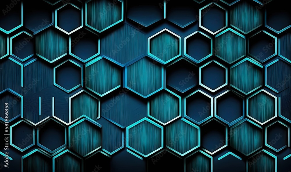 Poster a dark blue background with a bunch of hexagonals on it and a blue light in the middle of the backgr