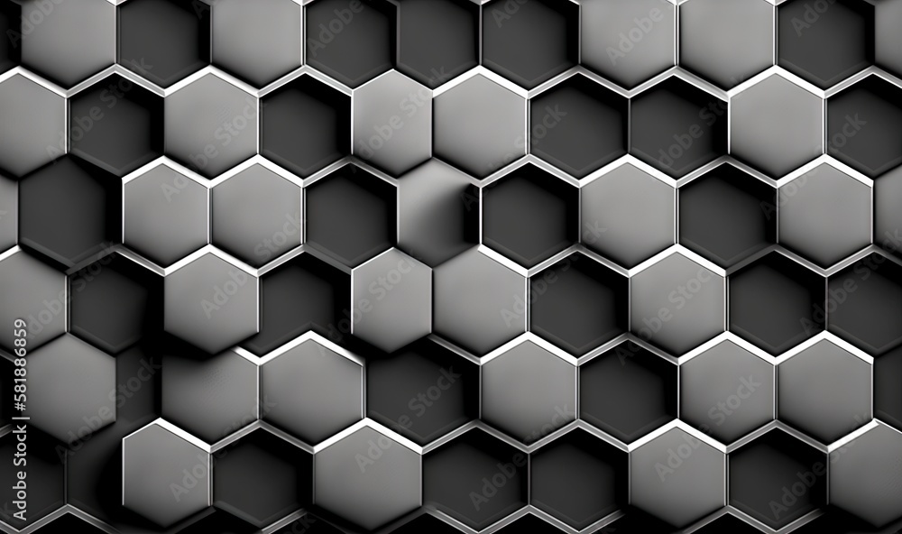 Poster a black and white photo of a bunch of hexagons on a wall with a light shining on them in the center 