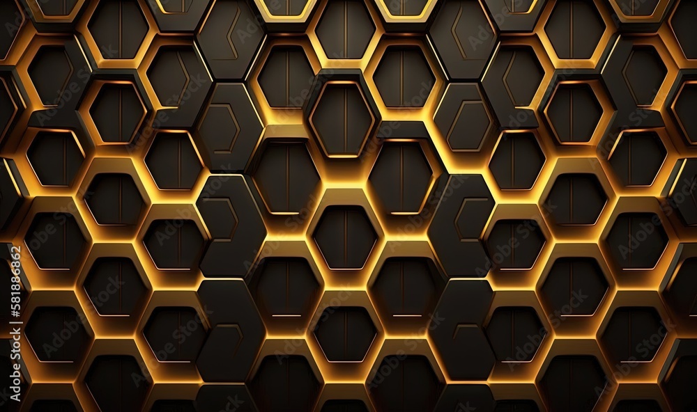 Poster an abstract background with hexagons in gold and black colors with a black background and a gold hex