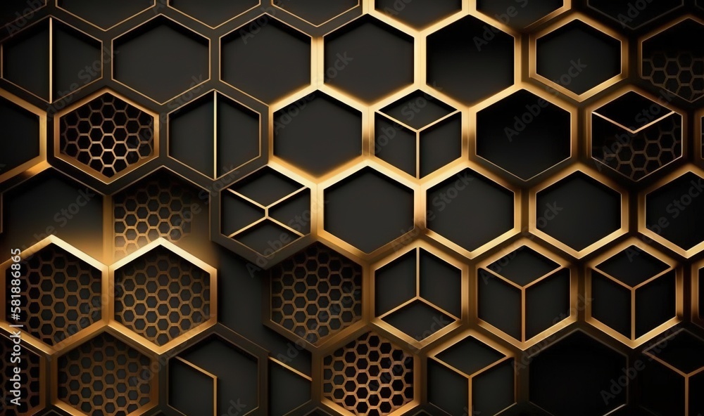 Poster a black and gold abstract background with hexagonals and a light shining in the center of the image,