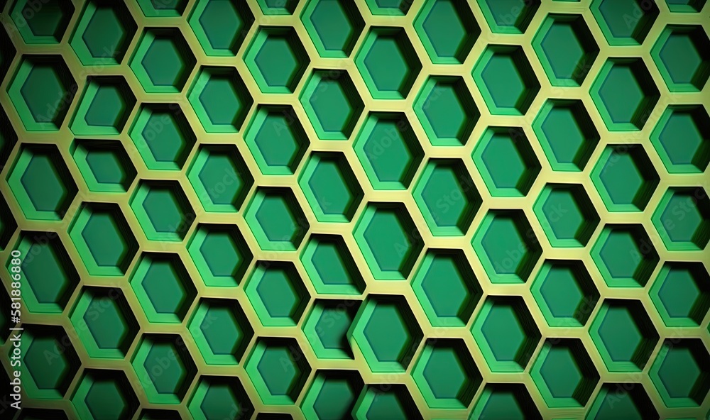Poster a green hexagonal pattern with a yellow center on the center of the hexagonal pattern is shown in th
