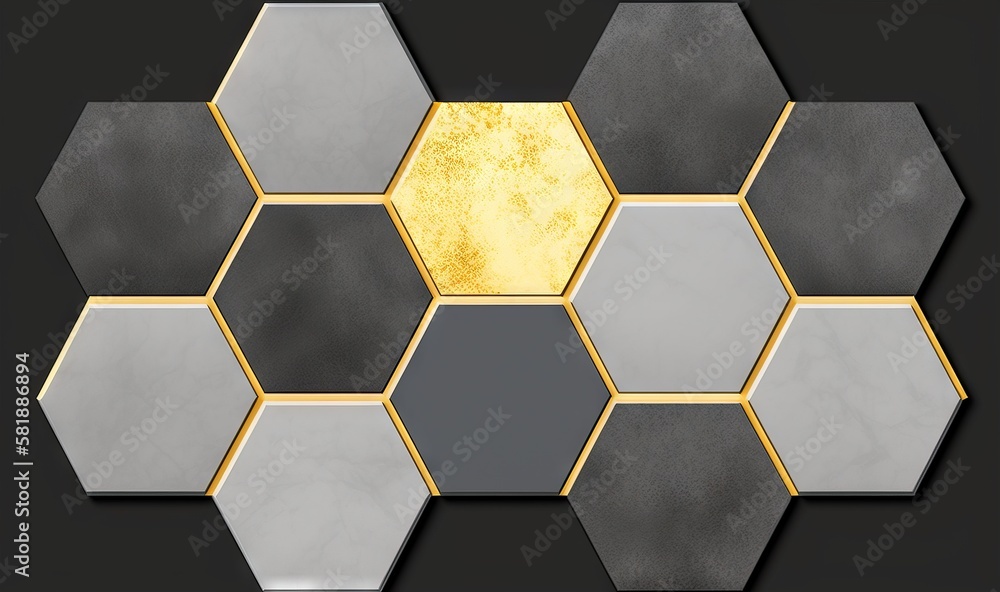 Poster  a hexagonal tile pattern with a gold and grey center in the middle of the hexagonal tiles is a gold and gray background.  generative ai