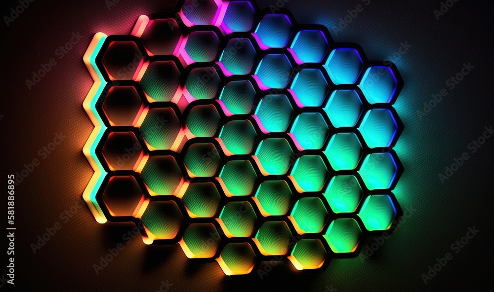 Poster a bunch of hexagons that are all different colors on a black background with a light reflection on t