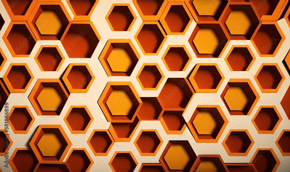 Poster  an orange hexagonal pattern with a white background and a yellow center in the center of the hexagonal pattern is a hexagonal pattern.  generative ai