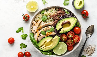 Fototapeta na wymiar a bowl filled with rice, avocado, tomatoes, chicken, lettuce, and sliced avocados with a fork. generative ai