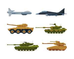Fototapeta premium Aircraft and Tank as Military Vehicle or Transport Equipment Vector Set
