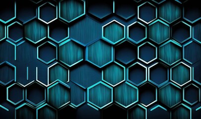  a dark blue background with a bunch of hexagonals on it and a blue light in the middle of the background that is a hexagonal structure.  generative ai