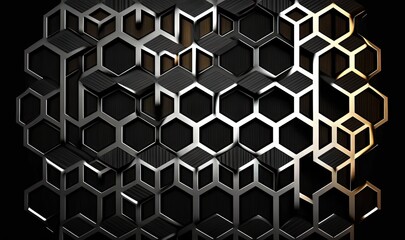  a black and gold abstract background with hexagonal shapes and a metallic foil effect on the bottom of the image, and a black background with a gold and white hexagonal pattern.  generative ai