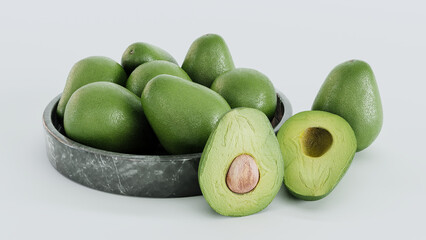 3D render of green avocado on marble plate isolated on white background