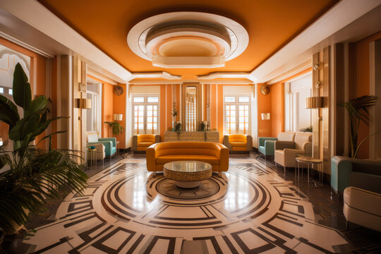 Art Deco interior design, living room, orange and white. Generative AI