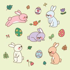 Easter rabbits collection. Cute bunnies with easter eggs, flowers and leaves. Cartoon style vector illustration.