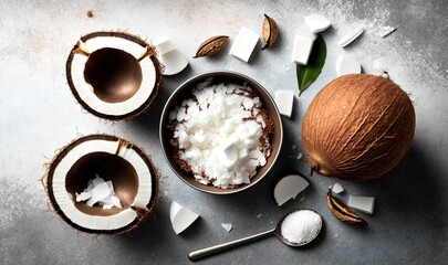  a bowl of coconuts, coconut milk, and coconuts are on a gray surface with spoons and spoons next to them.  generative ai