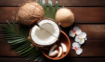  a bowl of coconuts and two coconuts on a wooden table with a flower and a coconut leaf on the side of the bowl.  generative ai
