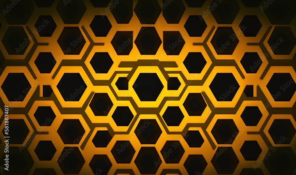 Poster a yellow and black hexagonal background with a hexagonal pattern in the middle of the image and a bl