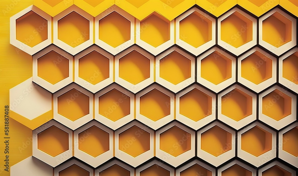 Poster  a yellow and white background with hexagons and a yellow background with a white hexagon on the bottom of the wall.  generative ai