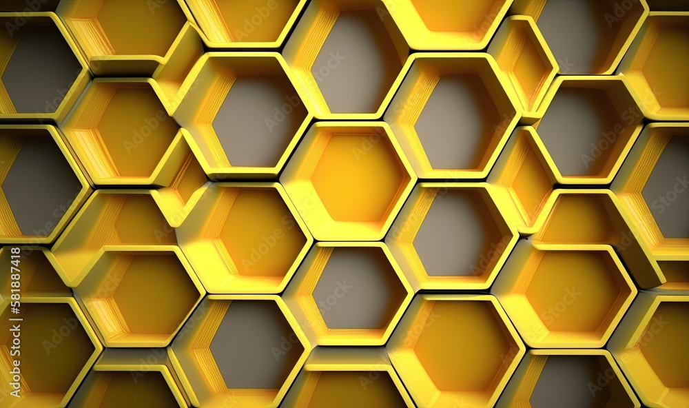 Poster  a bunch of yellow hexagonals that are stacked on top of each other in a hexagonal pattern with a yellow center in the middle.  generative ai