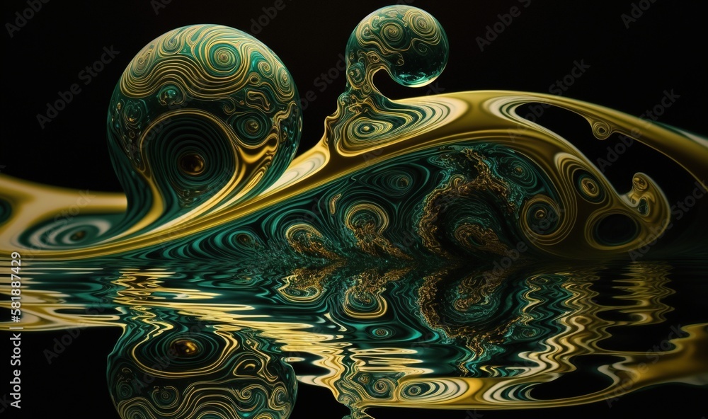 Poster a green and gold swirly object floating on top of a body of water on a black background with a refle