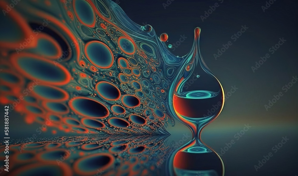 Poster a glass of liquid with a reflection of a peacock's tail on a reflective surface with a reflection of