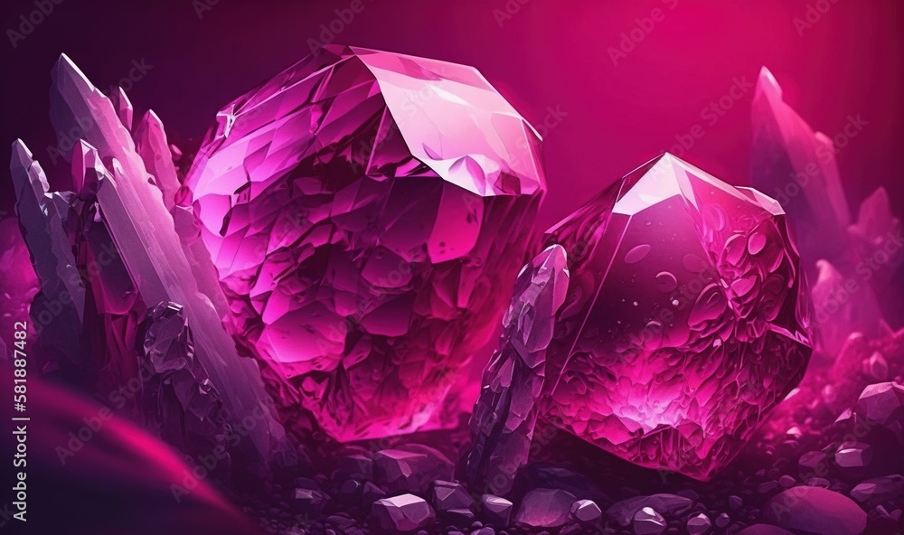 Poster a group of rocks with pink crystals on top of them and a purple background with a red light behind t