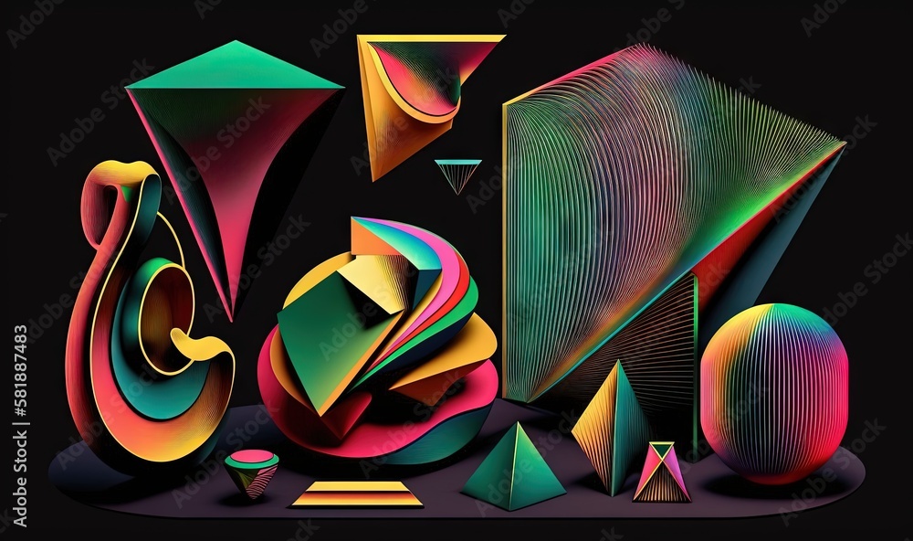 Poster a very colorful art work with different shapes and colors on a black background with a black backgro