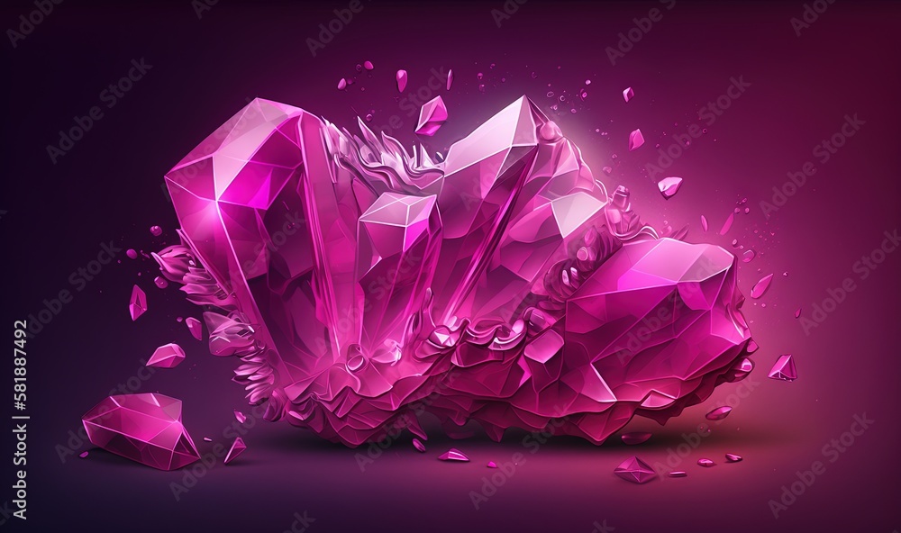 Poster a pink crystal cluster on a purple background with a black background and a black background with a 