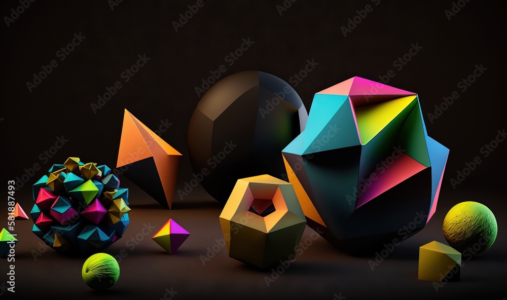 Poster a group of colorful balls and shapes on a black surface with a black background and a black backgrou