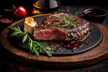 Medium Rare Grilled beef  steak with rosemary herbs on wooden board. Dark background. Generative AI