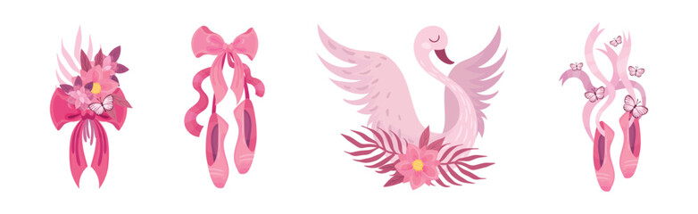 Ballet Accessories with Swan, Bow and Pointe-shoes Vector Set