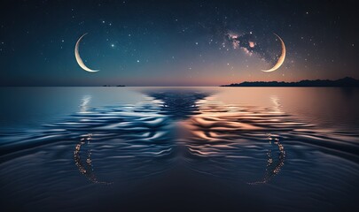  a night scene with the moon and stars above the water and the moon in the sky above the water and the moon in the sky above the water.  generative ai
