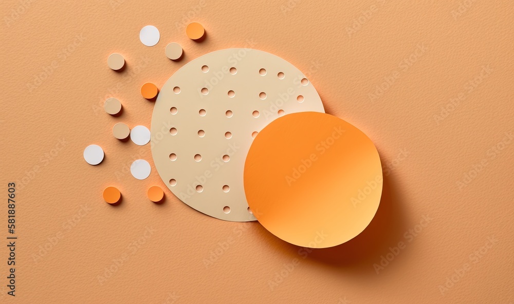 Poster a paper cut out of a piece of cheese next to a round piece of cheese on a orange surface with white 
